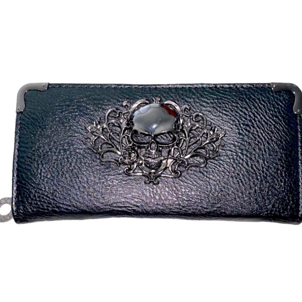 Black Skull Vegan Continental Zip Around Wallet 3D Gunmetal Skull